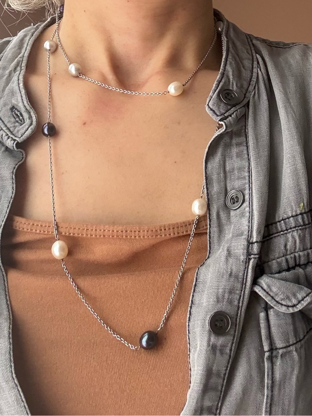 Long sterling silver pearl necklace